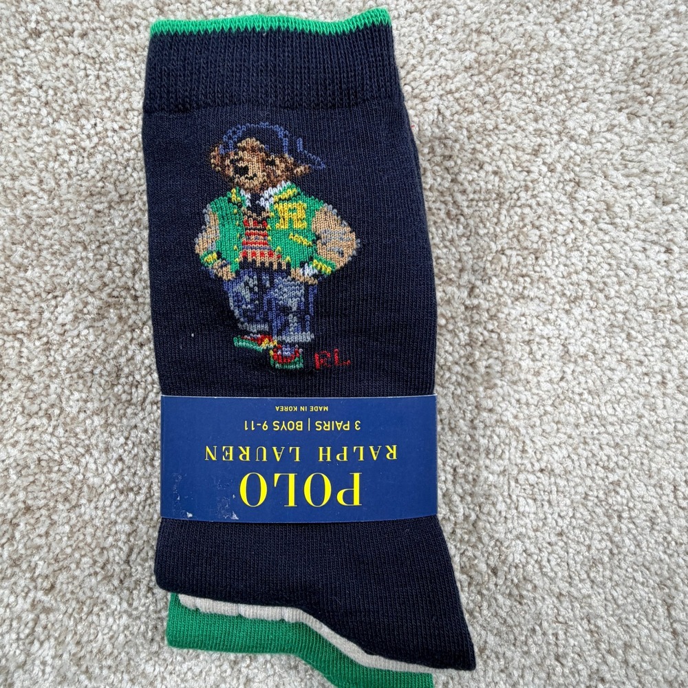 Polo Ralph Lauren Boys 3 Pack Polo Bear Varsity Crew Socks Size 9-11 Fits 4-10